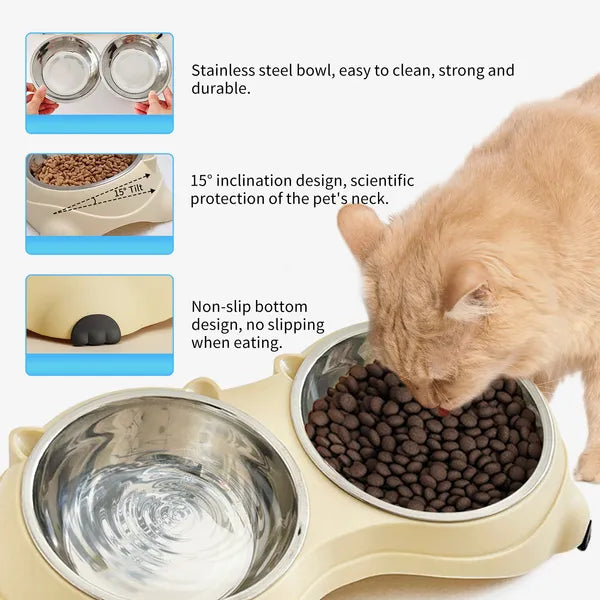 Ginger cat eating kibble from the tilted double bowl, with feature close-ups