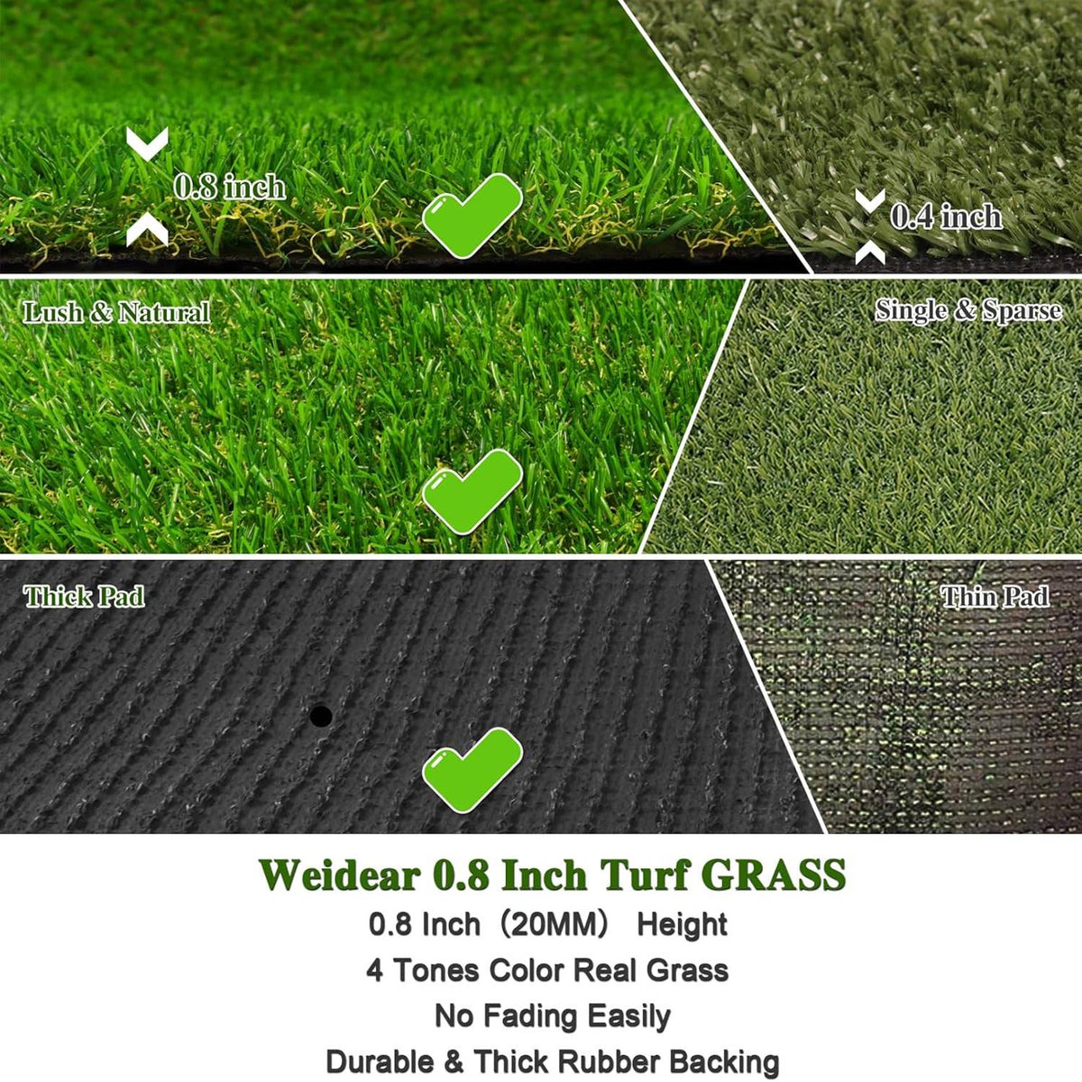 Comparison of 20mm thick artificial grass with thinner turf