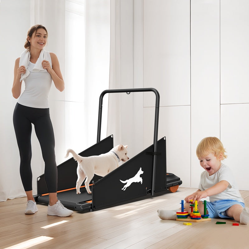 Woman and toddler watching a small white dog walk on the treadmill