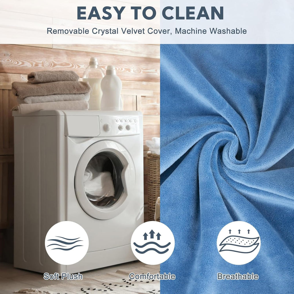 Blue velvet pad cover beside a washing machine