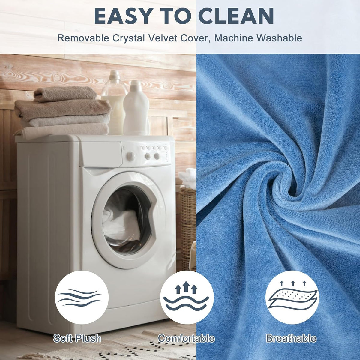 Blue velvet pad cover beside a washing machine