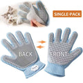 Blue and grey 2-in-1 pet grooming glove shown front and back, with a ragdoll cat