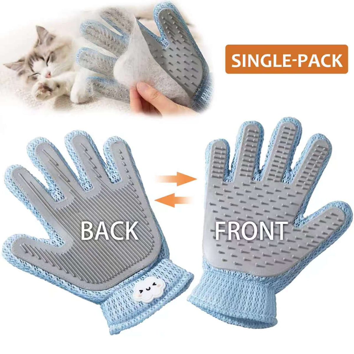 Blue and grey 2-in-1 pet grooming glove shown front and back, with a ragdoll cat