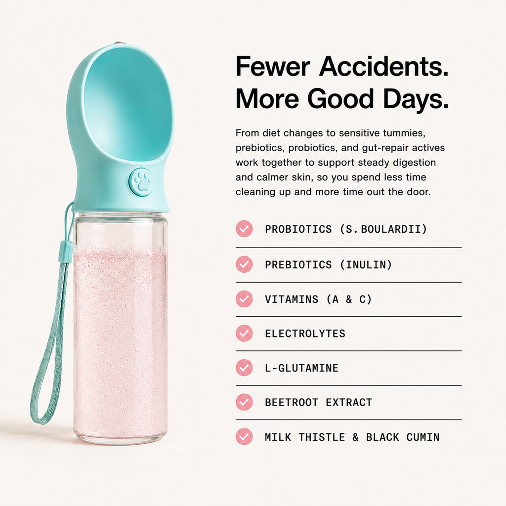 Pet water bottle with pink powder mixed in and list of Gut formula ingredients