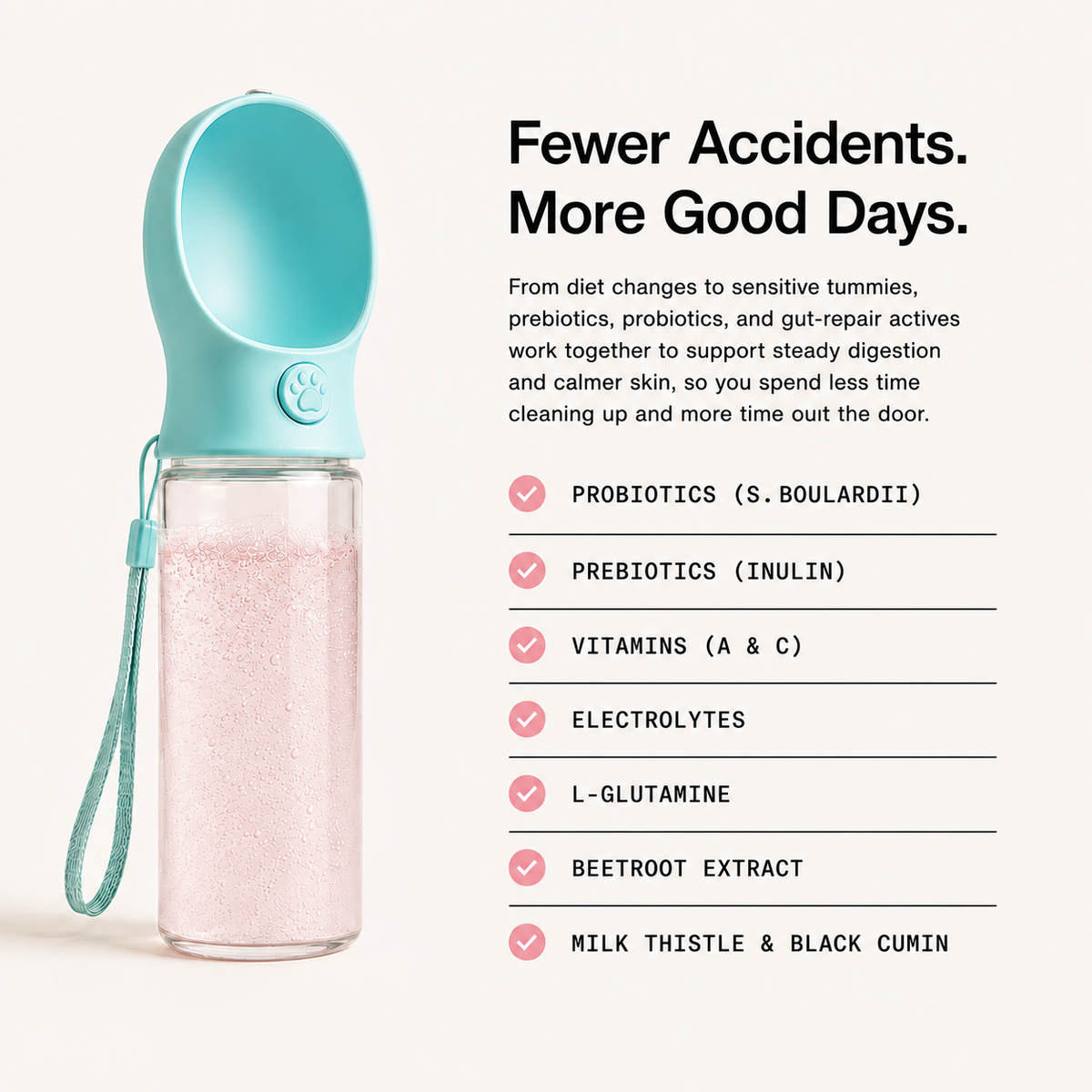 Pet water bottle with pink powder mixed in and list of Gut formula ingredients