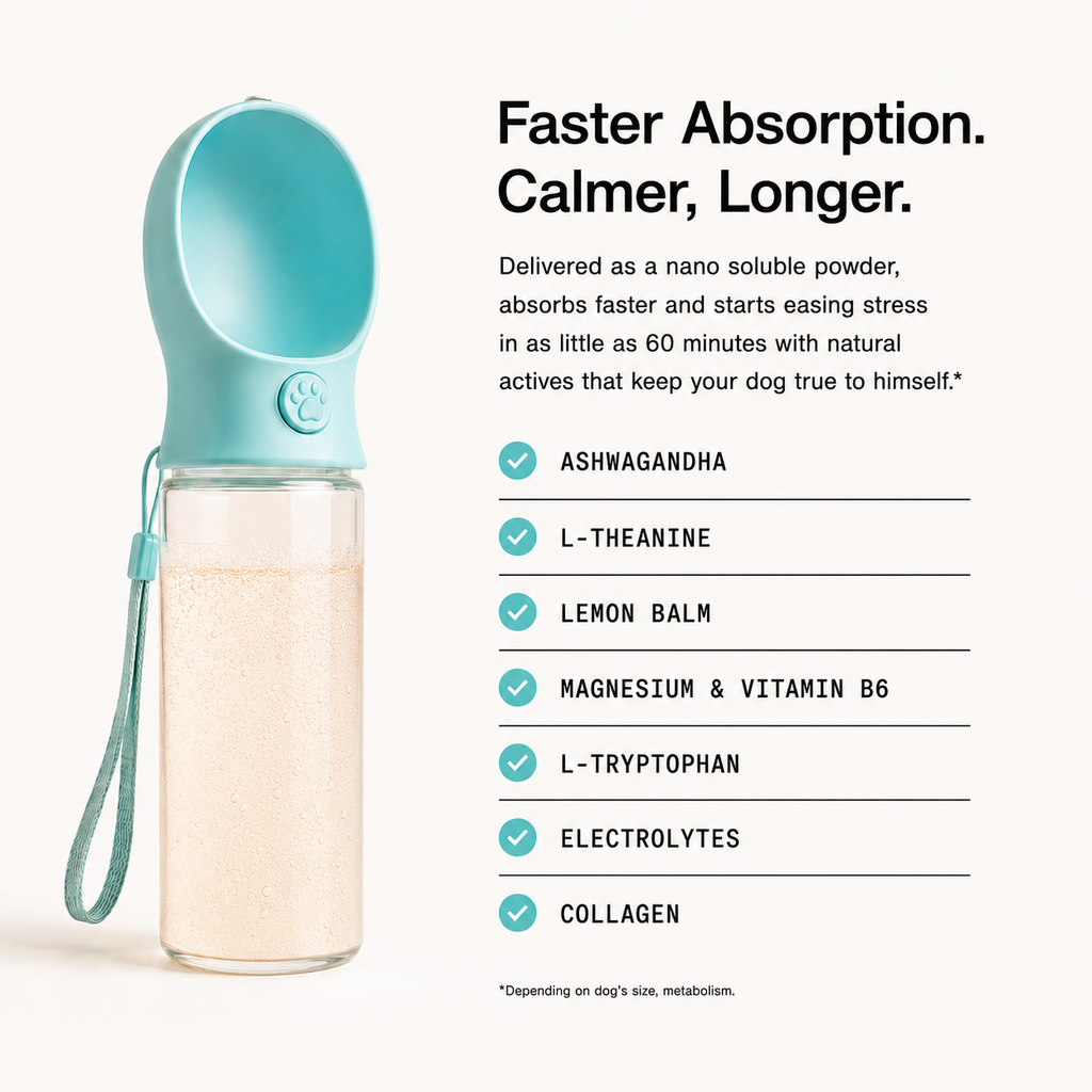 Pet water bottle with powder mixed in and list of Calming formula ingredients