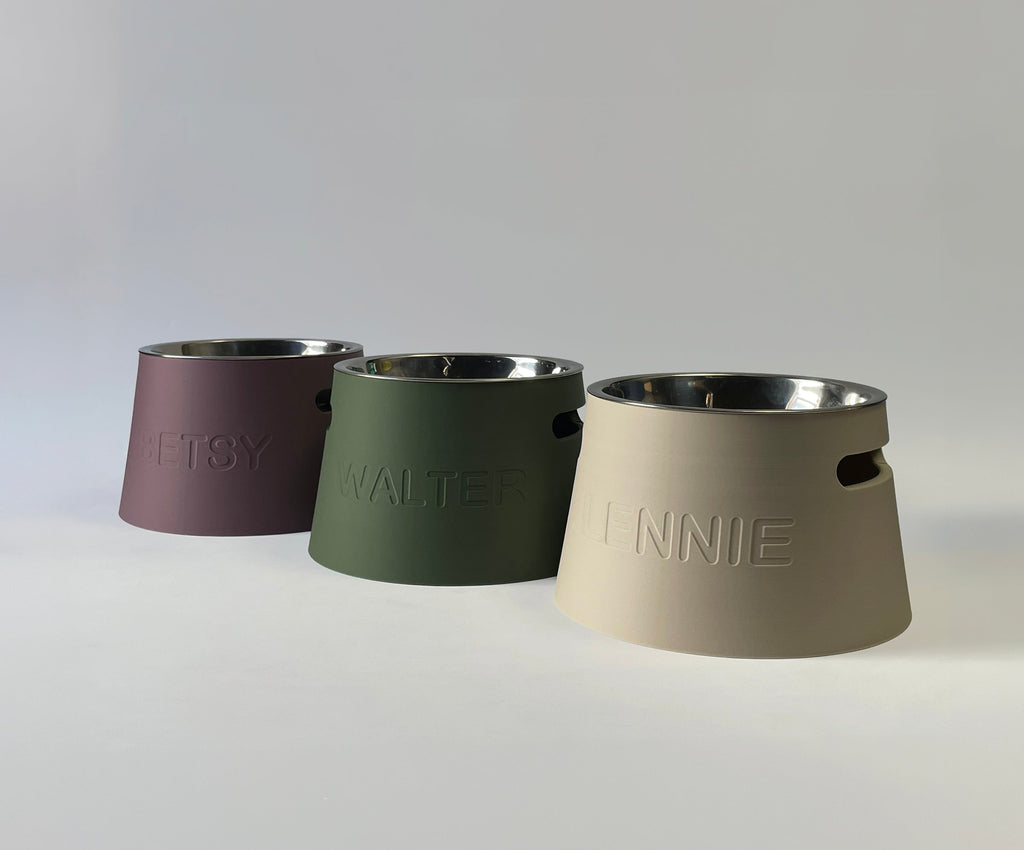 Classic Raised Dog Bowl Stands 10cm in mauve, sage green and cream with embossed names