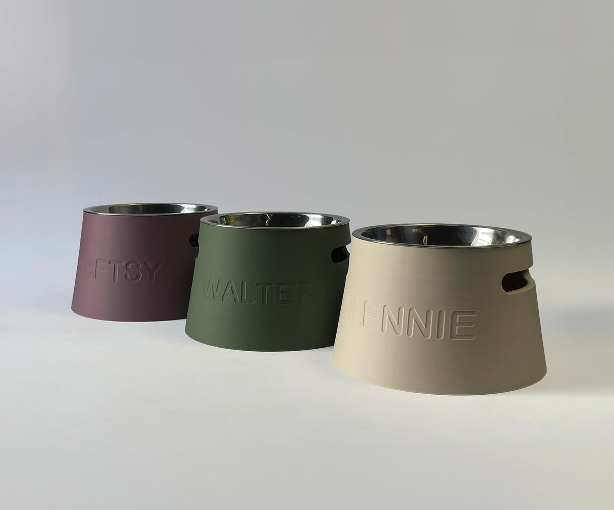 Classic Raised Dog Bowl Stands 10cm in mauve, sage green and cream with embossed names