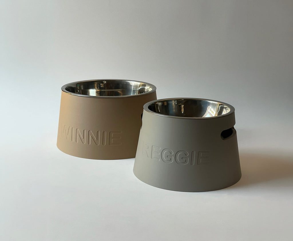 Short classic raised stands in tan and grey with embossed names and steel bowls