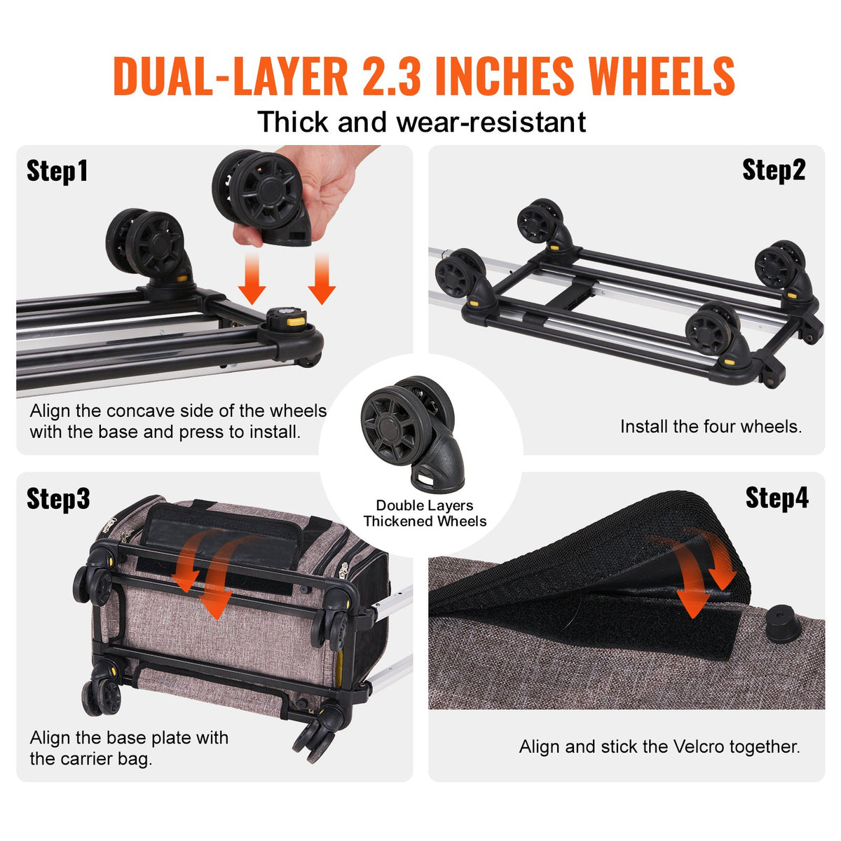 Step-by-step guide to fitting the wheels and base to the pet carrier