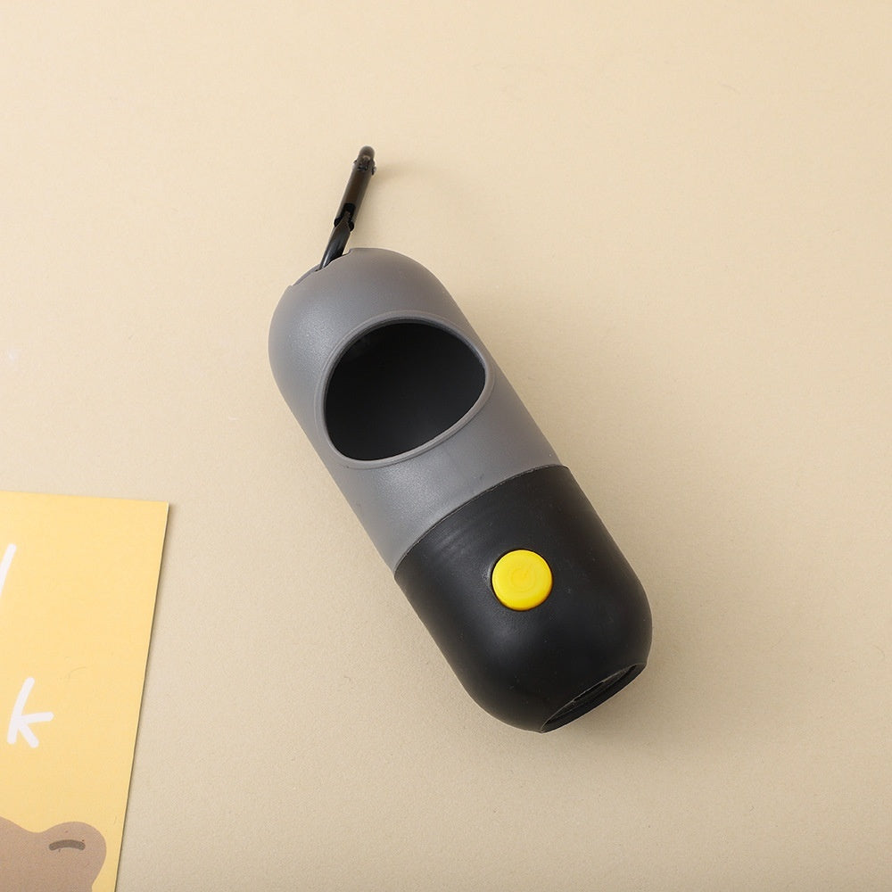 Grey Black LED poop bag holder with yellow light button and black clip