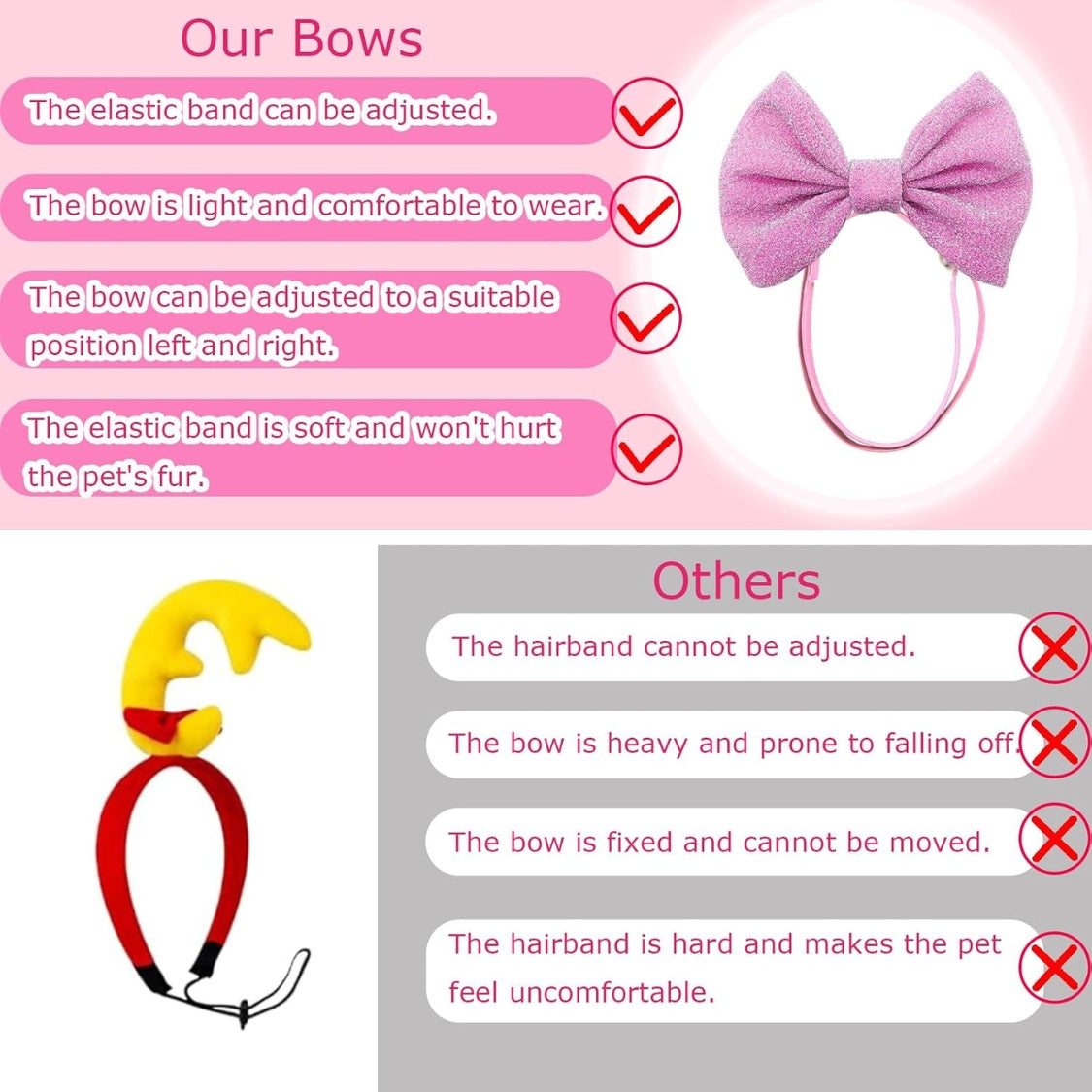 Pink bow headband with adjustable elastic band