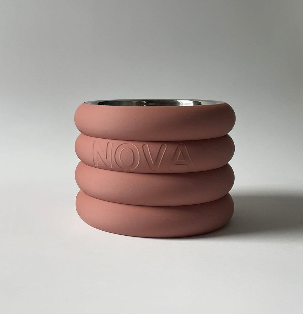 Pink rings raised dog bowl stand with embossed name and stainless steel bowl