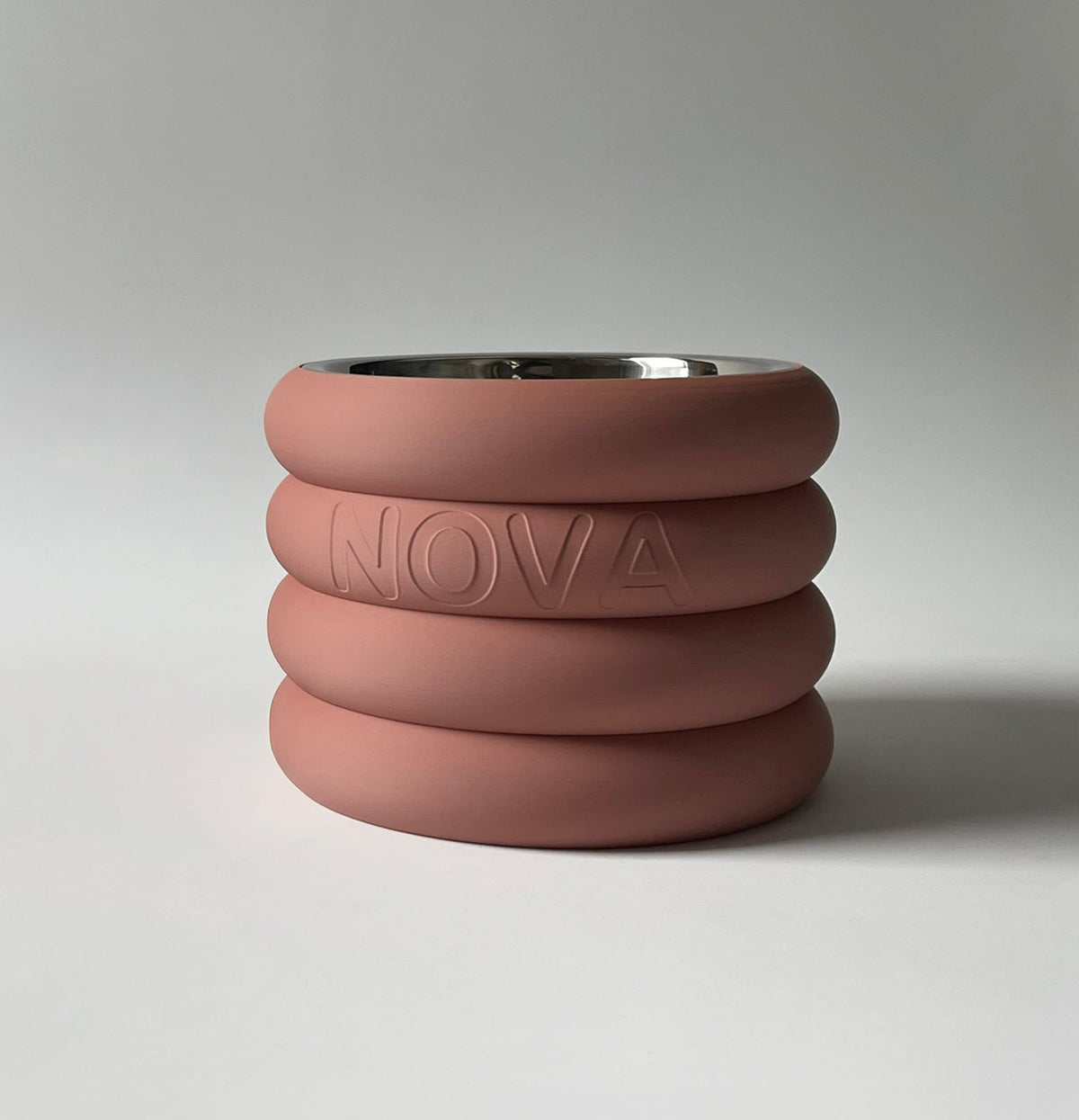 Pink rings raised dog bowl stand with embossed name and stainless steel bowl
