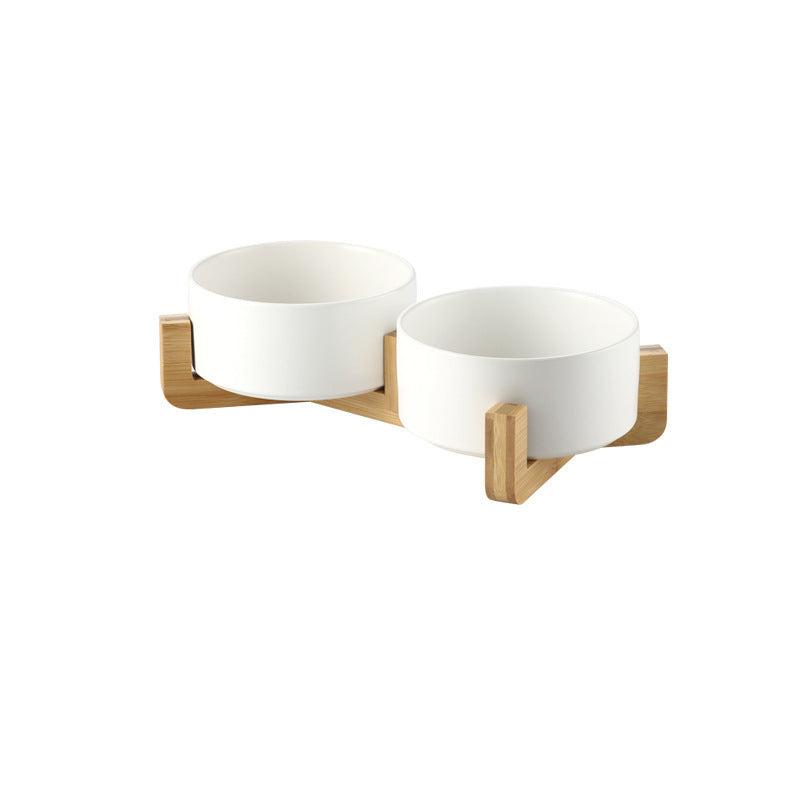 Double Pink Ceramic Pet Bowl with Bamboo Stand