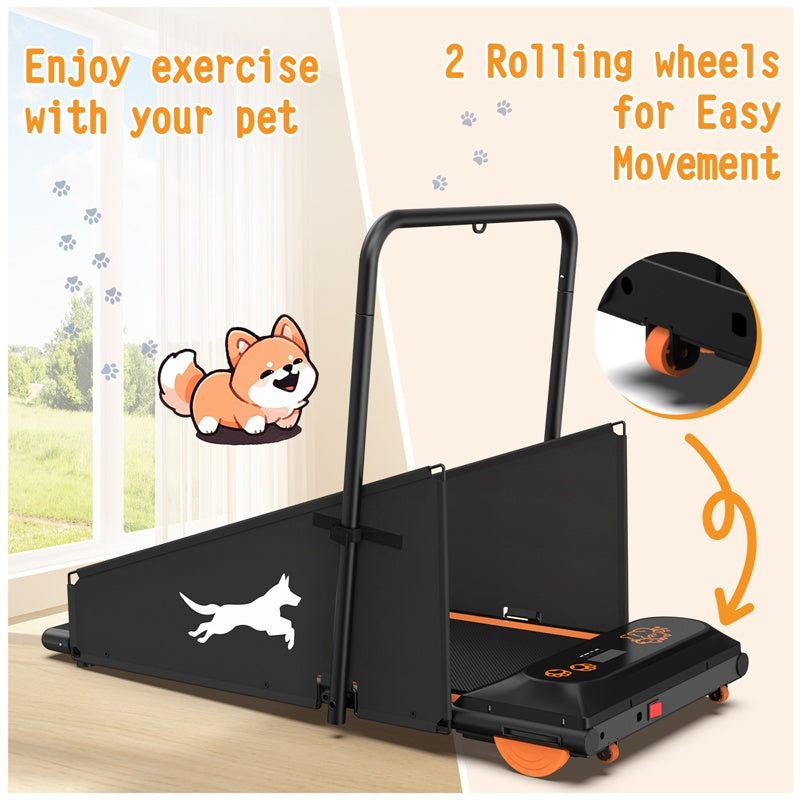 Black dog treadmill with handlebar and orange wheels for moving it