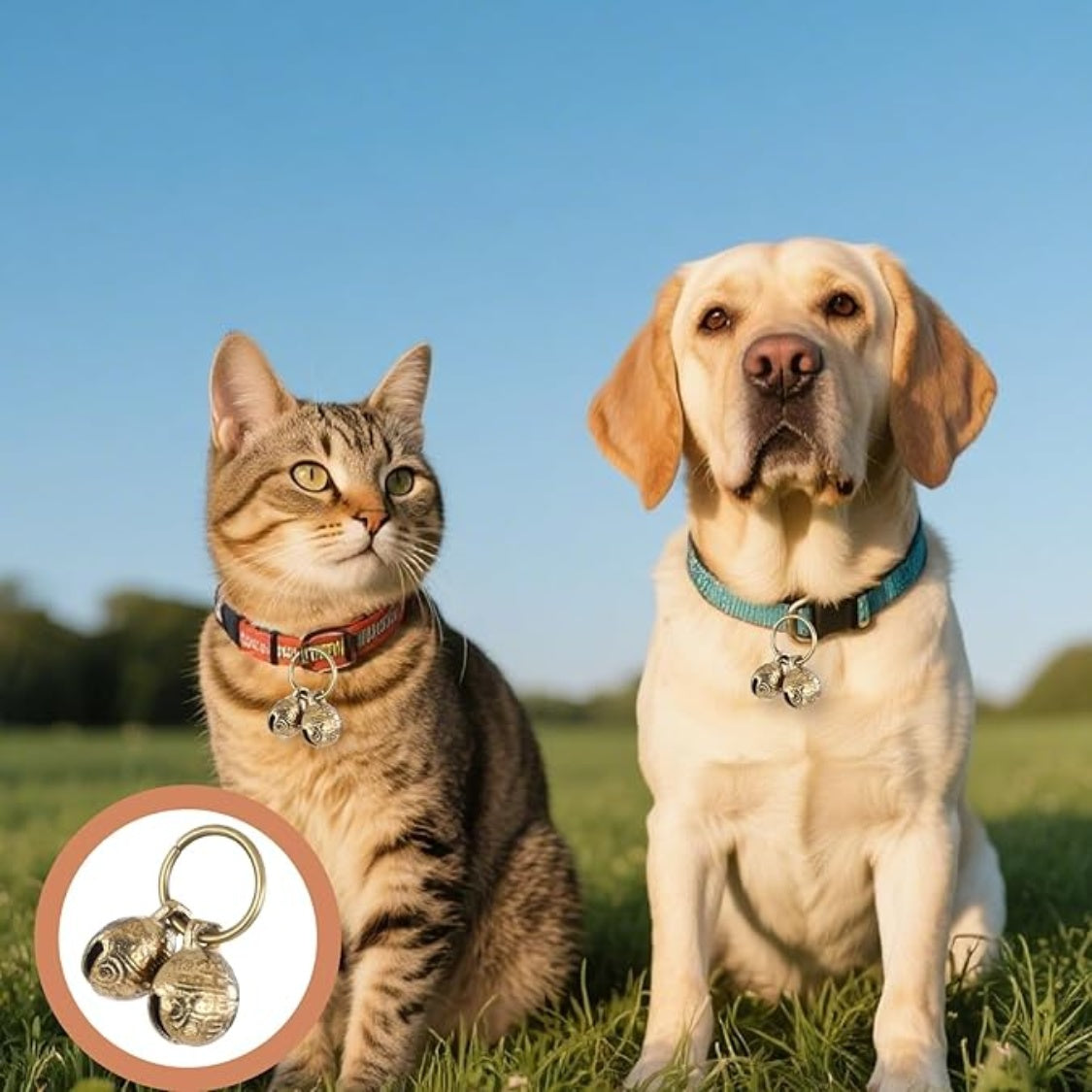 Tabby cat and Labrador wearing brass bells on their collars in a field