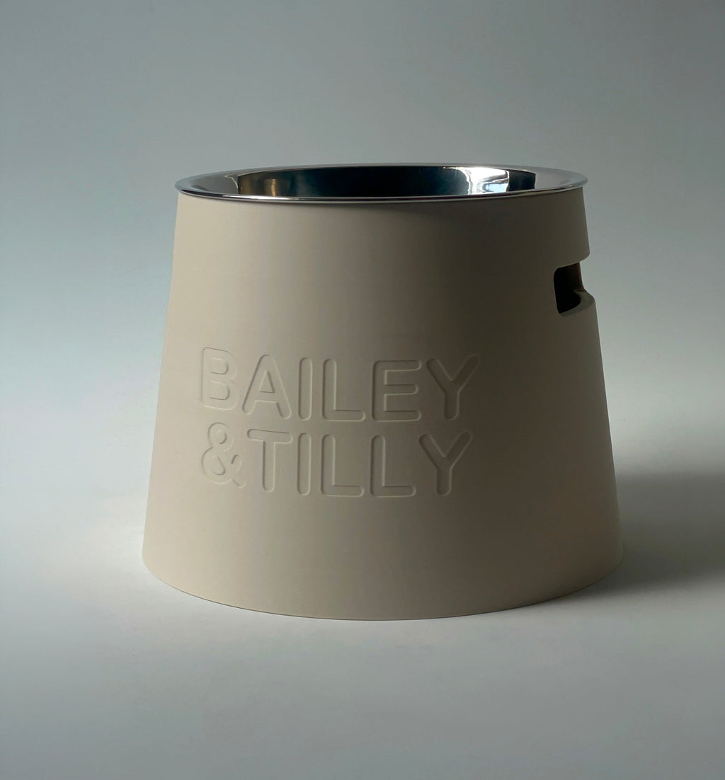 Classic Raised Dog Bowl Stand 16cm in stone with embossed names and a 900ml steel bowl