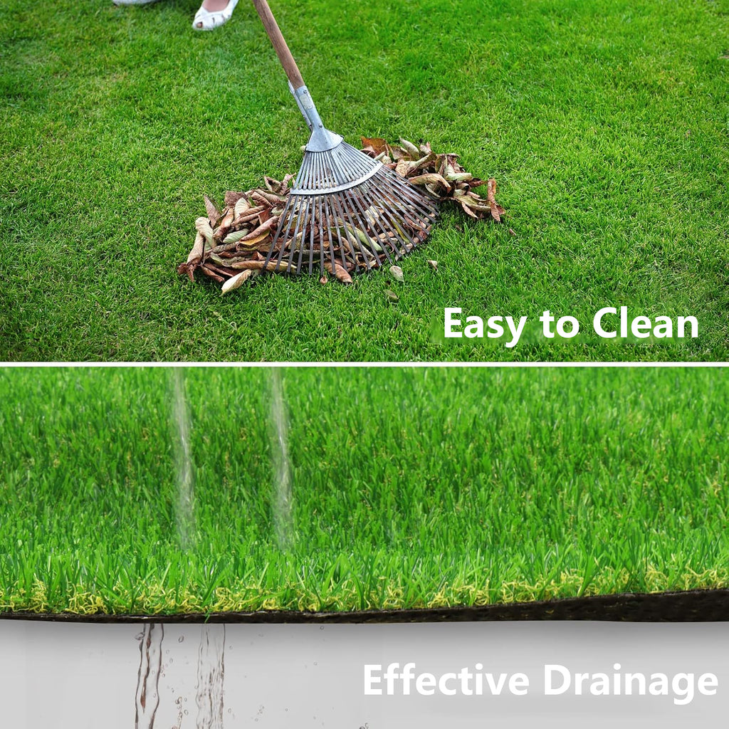 Rake clearing leaves from artificial grass and water draining through