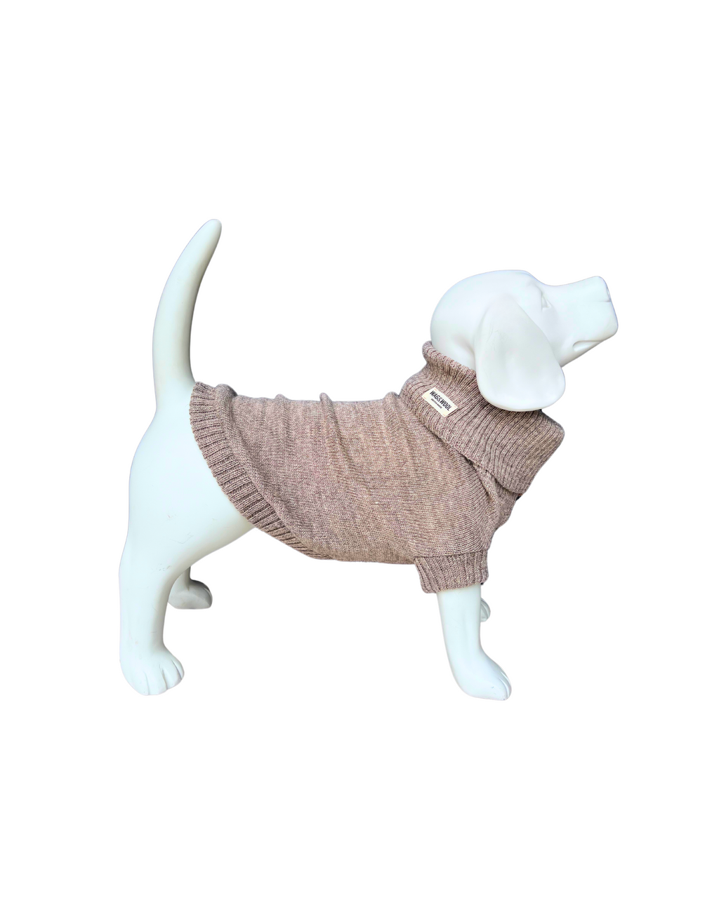 Oatmeal British wool dog jumper on a white dog mannequin