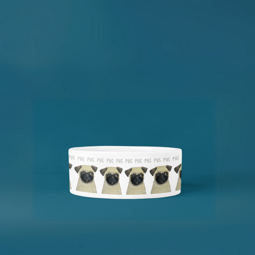 Pug illustrated white ceramic dog bowl with grey PUG lettering on a teal background