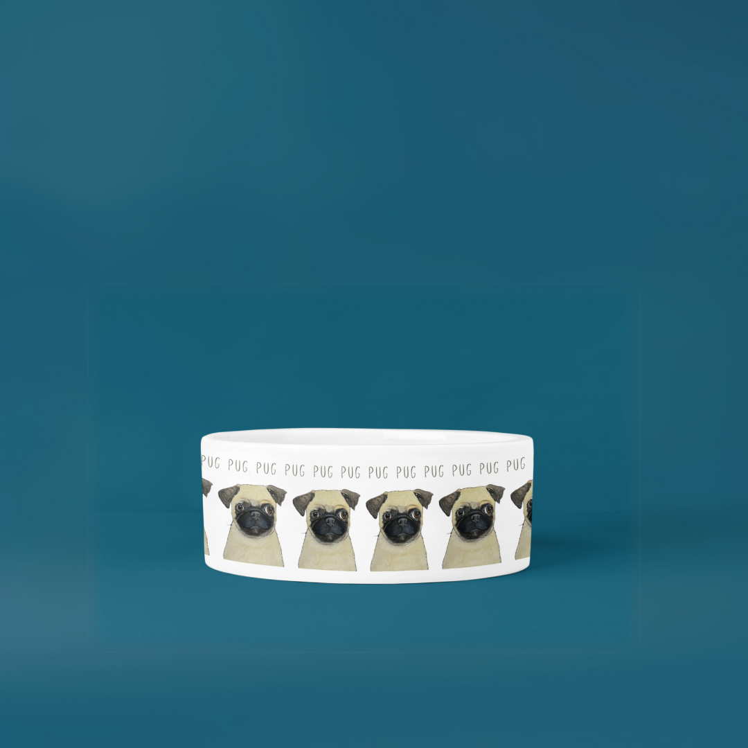 Pug illustrated white ceramic dog bowl with grey PUG lettering on a teal background