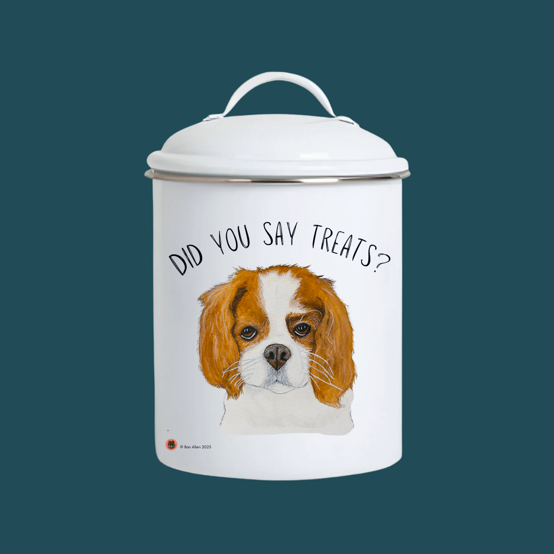 White enamel dog treat jar with lid, Cavalier King Charles Spaniel artwork and 'Did you say treats?'