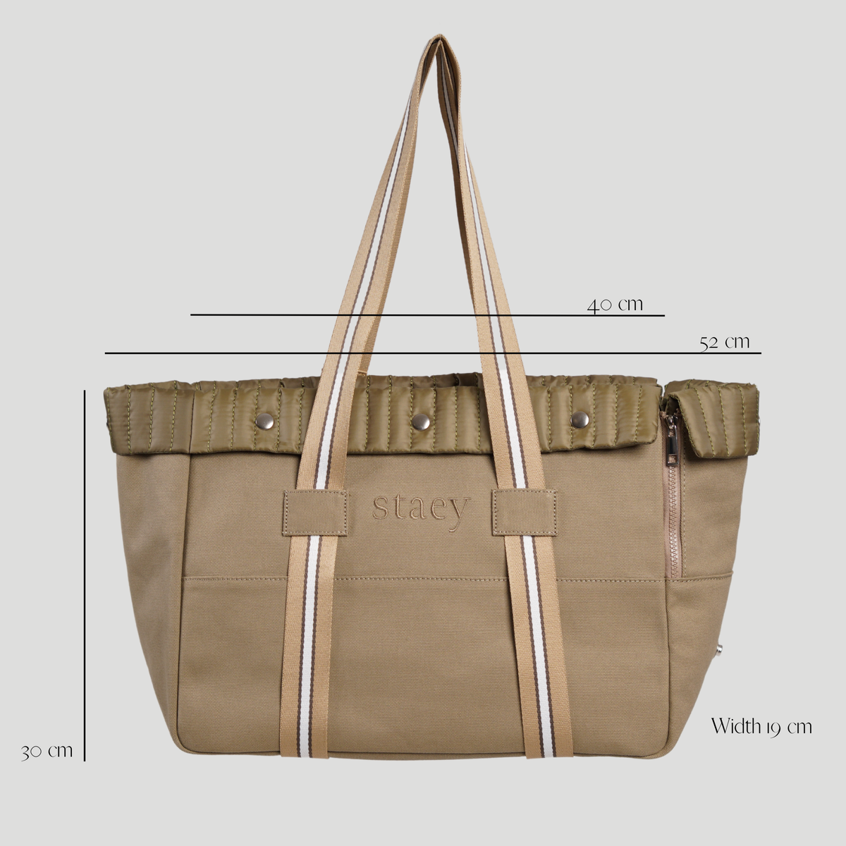 Taupe dog carrier bag with dimensions: 52cm long, 30cm high, 19cm wide
