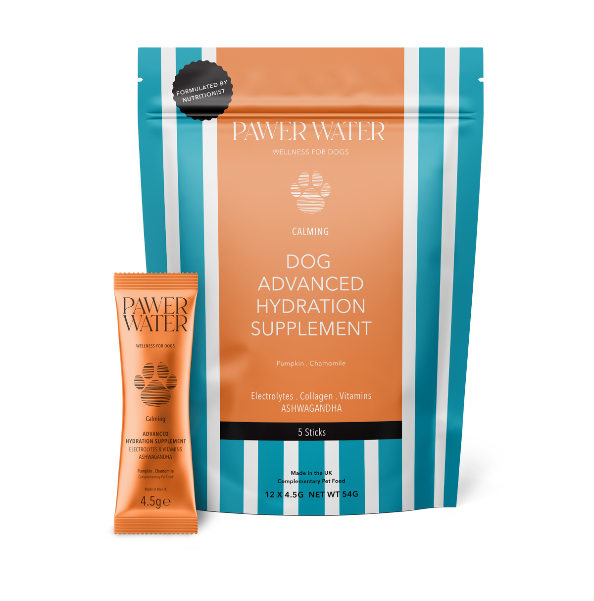 Pawer Water Calming Hydration Sticks: orange and blue striped pouch with a single stick
