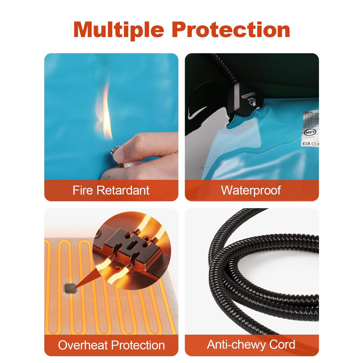 Heated pad features: overheat protection, waterproof layer and wrapped cord