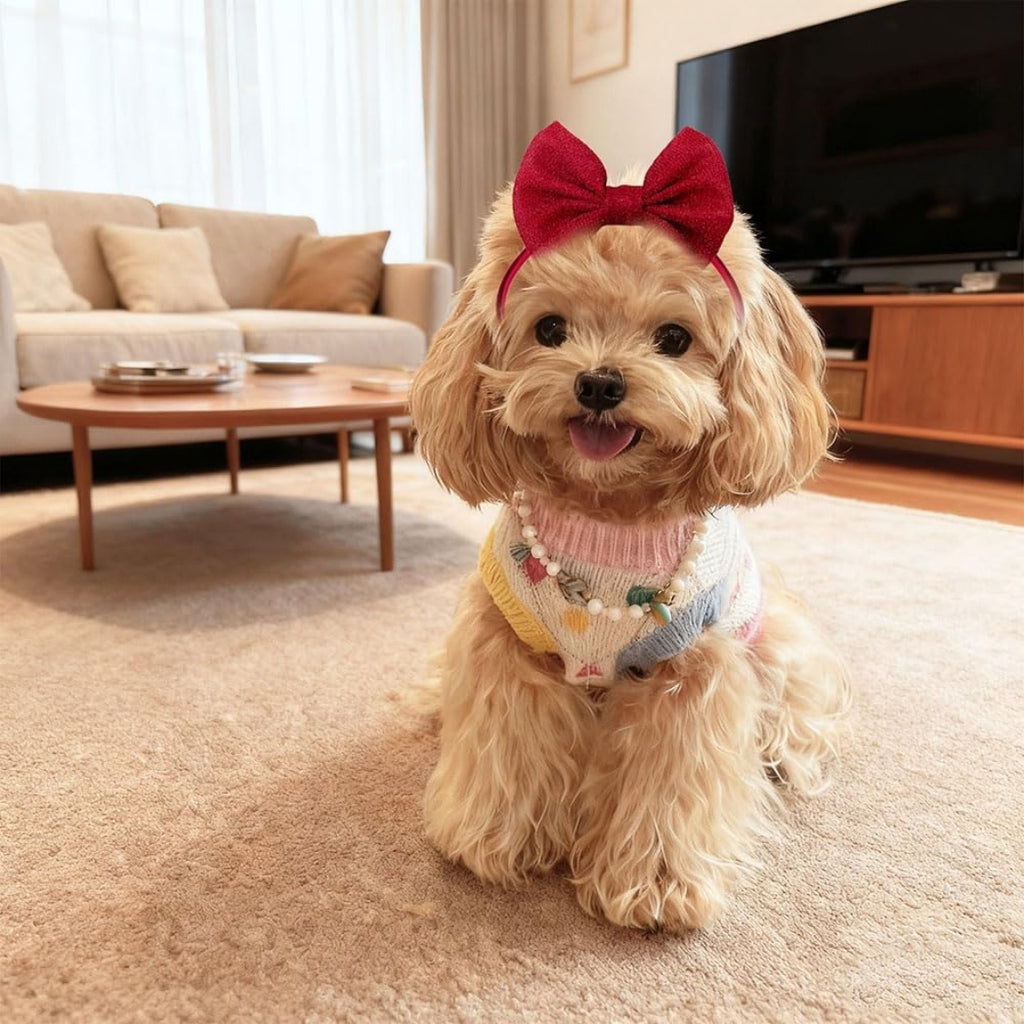 Fluffy poodle-type dog wearing a red bow headband on a rug
