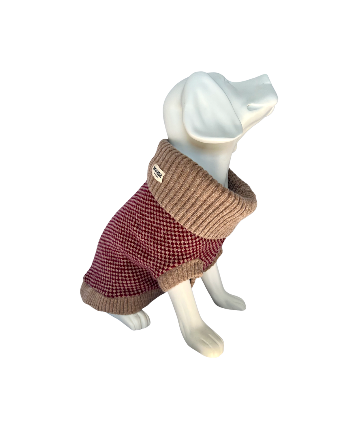 Burgundy check merino dog jumper with taupe roll neck on a mannequin