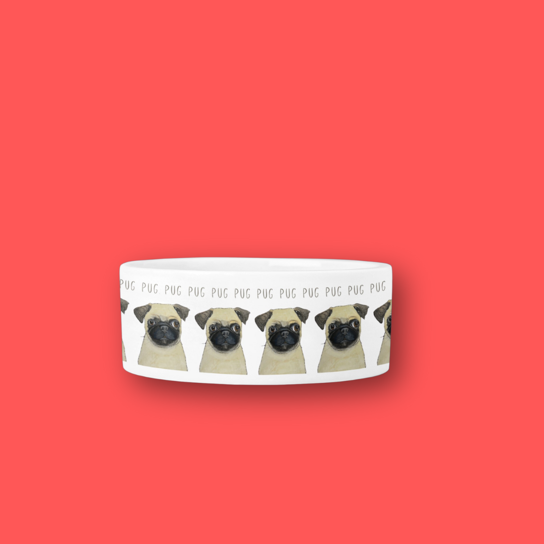 White pug ceramic dog bowl with fawn pug illustrations on a coral red background
