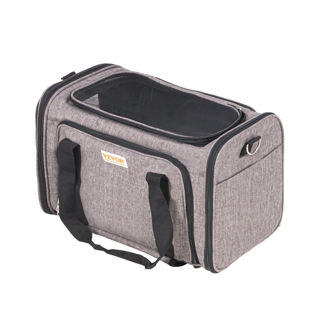 Grey rolling pet carrier with mesh panels, shoulder strap and carry handles