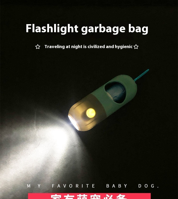 LED poop bag holder shining a torch beam in the dark
