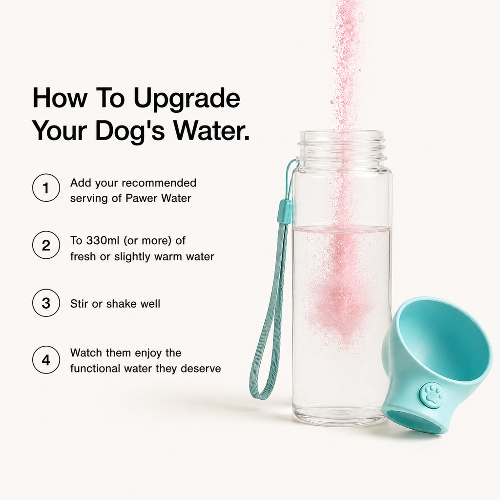 Four steps to add pink Pawer Water powder to a water bottle