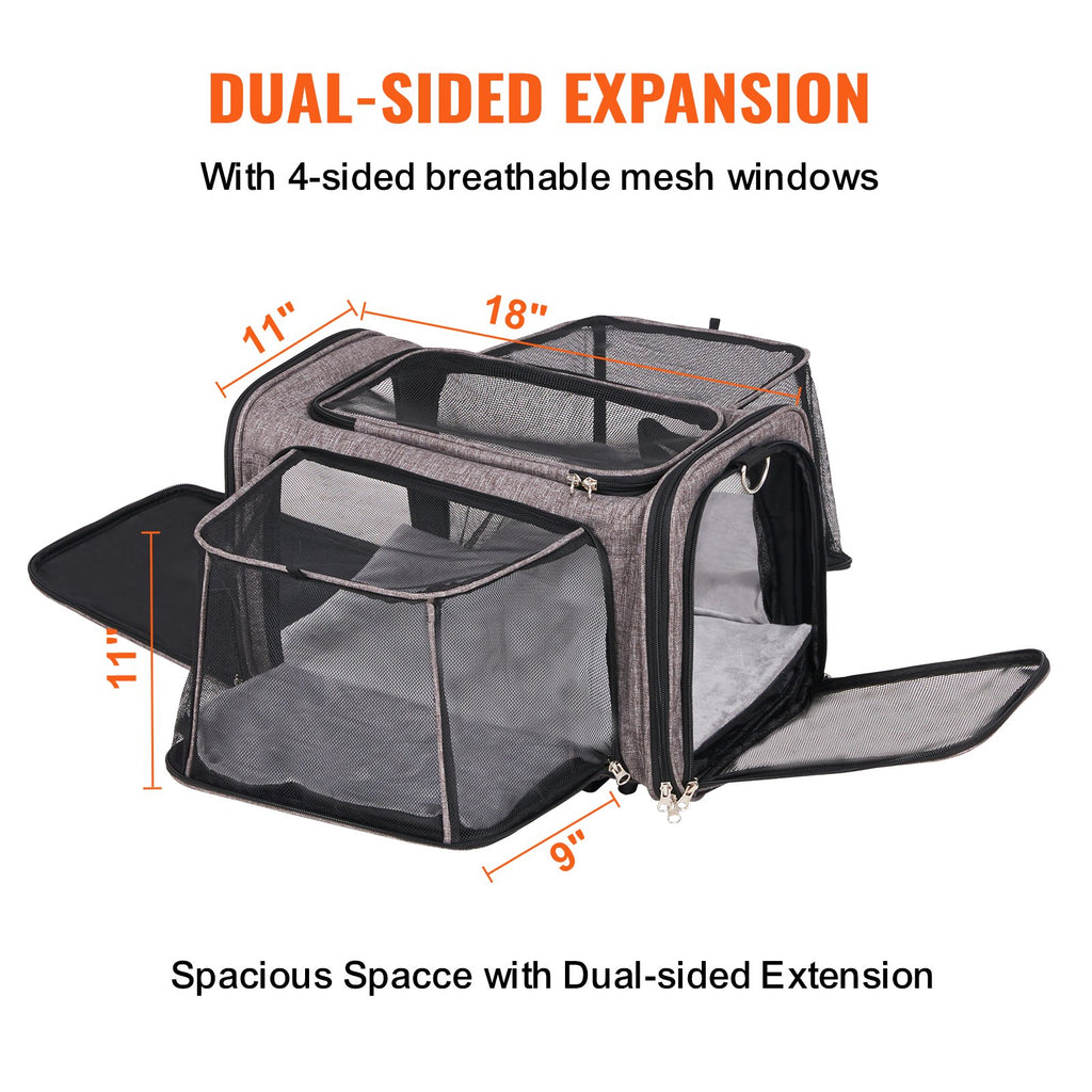 Pet carrier with both side panels expanded and mesh windows open