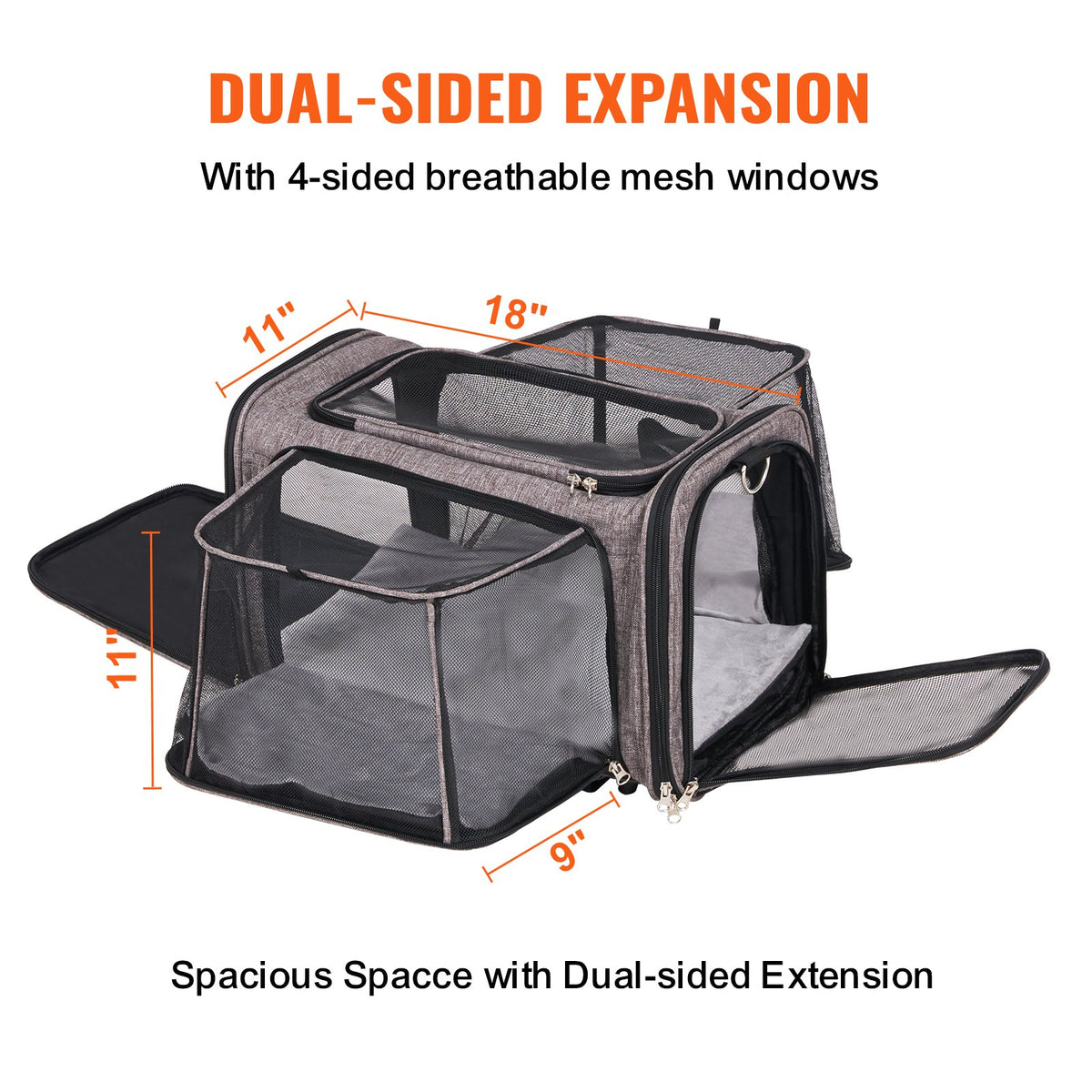 Pet carrier with both side panels expanded and mesh windows open