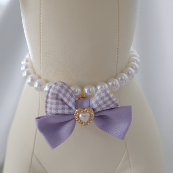 Lavender Pearl Pet Necklace with Bow & Heart Charm – For Small Dogs & Cats
