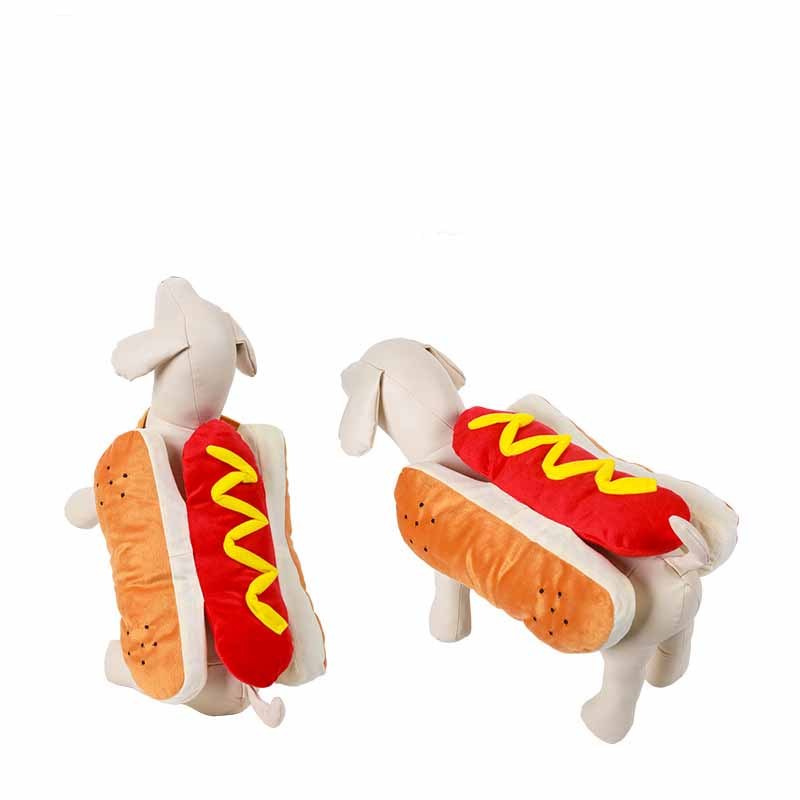 Hot dog costume shown from both sides on a dog mannequin