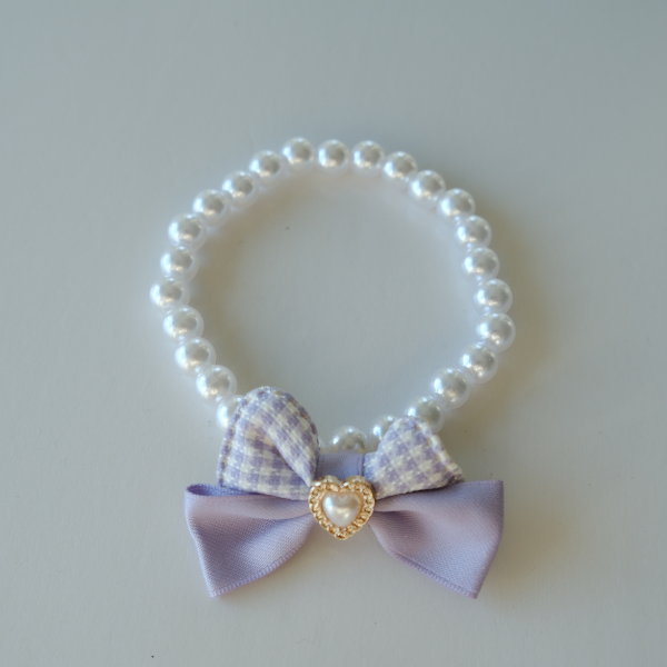 Lavender Pearl Pet Necklace with Bow & Heart Charm – For Small Dogs & Cats