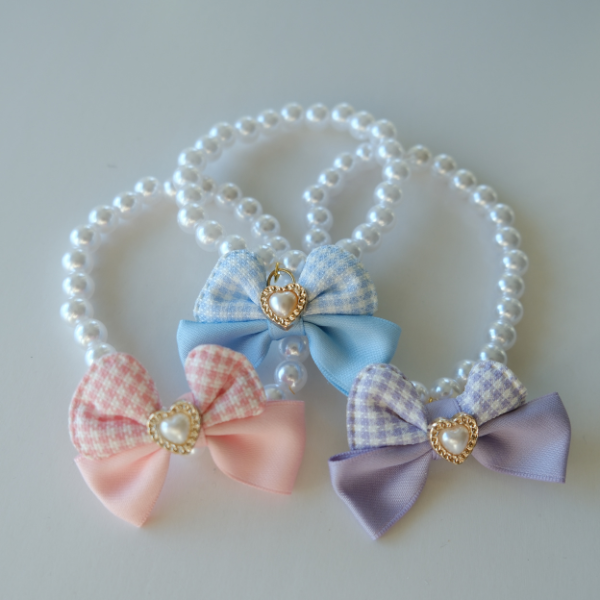 Lavender Pearl Pet Necklace with Bow & Heart Charm – For Small Dogs & Cats
