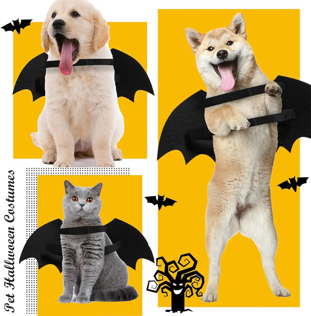 Retriever, Shiba Inu and grey cat wearing black bat wings