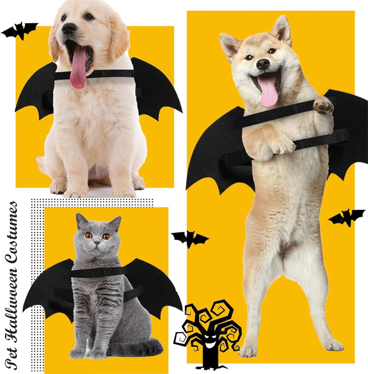 Retriever, Shiba Inu and grey cat wearing black bat wings