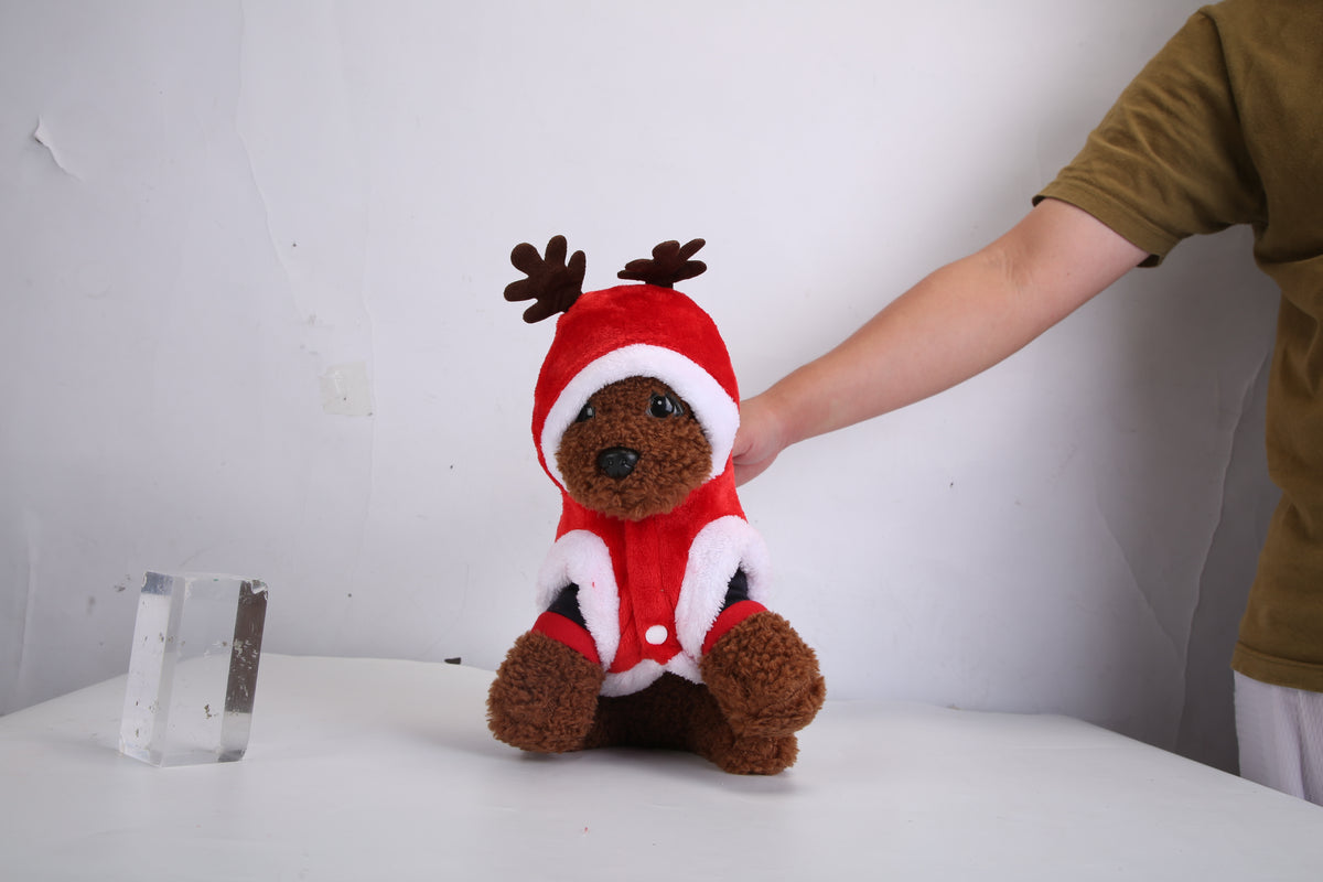 Christmas reindeer hoodie shown on a toy