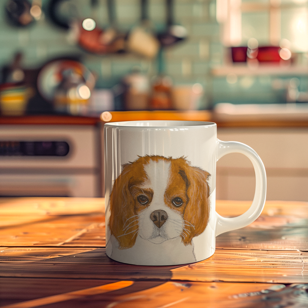 White Cavalier King Charles Spaniel mug on a sunlit wooden table in a cosy kitchen