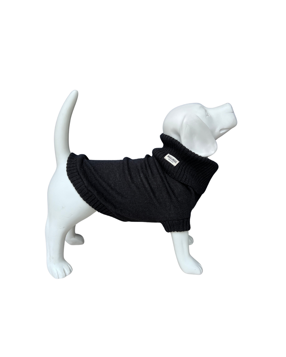 Black British wool dog jumper on a white dog mannequin