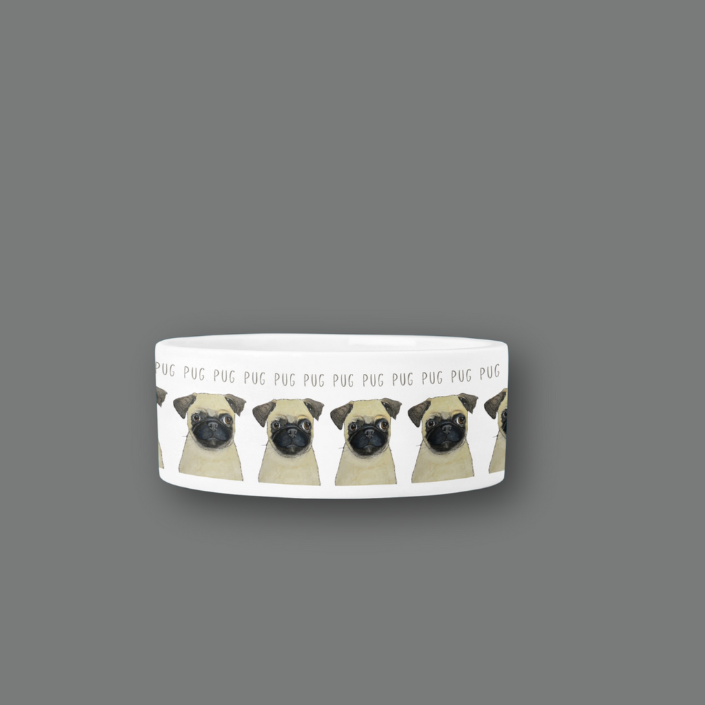 White ceramic dog bowl with repeating fawn pug portraits and PUG lettering on a grey background