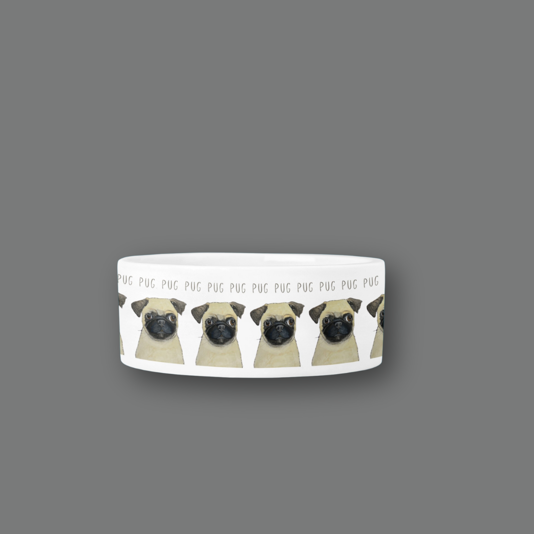 White ceramic dog bowl with repeating fawn pug portraits and PUG lettering on a grey background