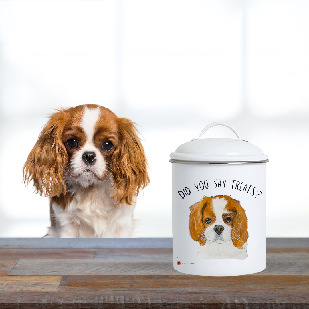 Blenheim Cavalier peeking over a table next to the white 'Did you say treats?' enamel treat jar